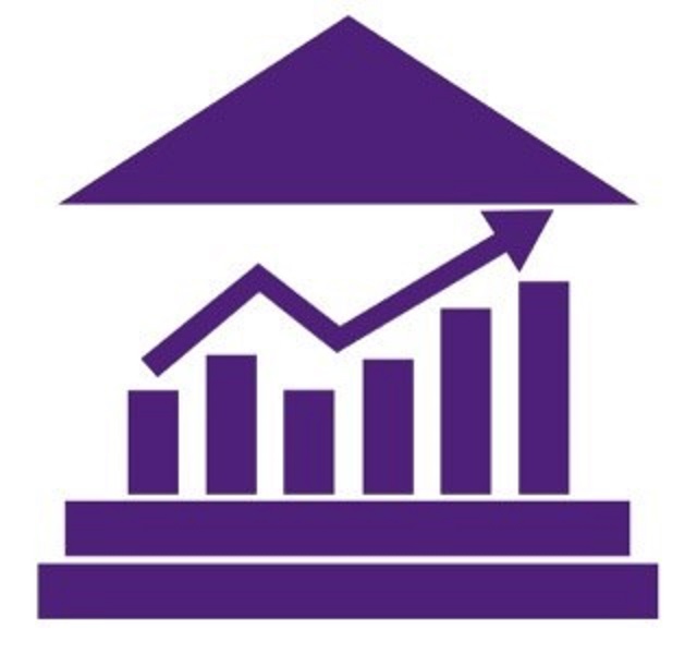 the data governance logo shows a set of columns and an arrow trending upward housed under one roof. 